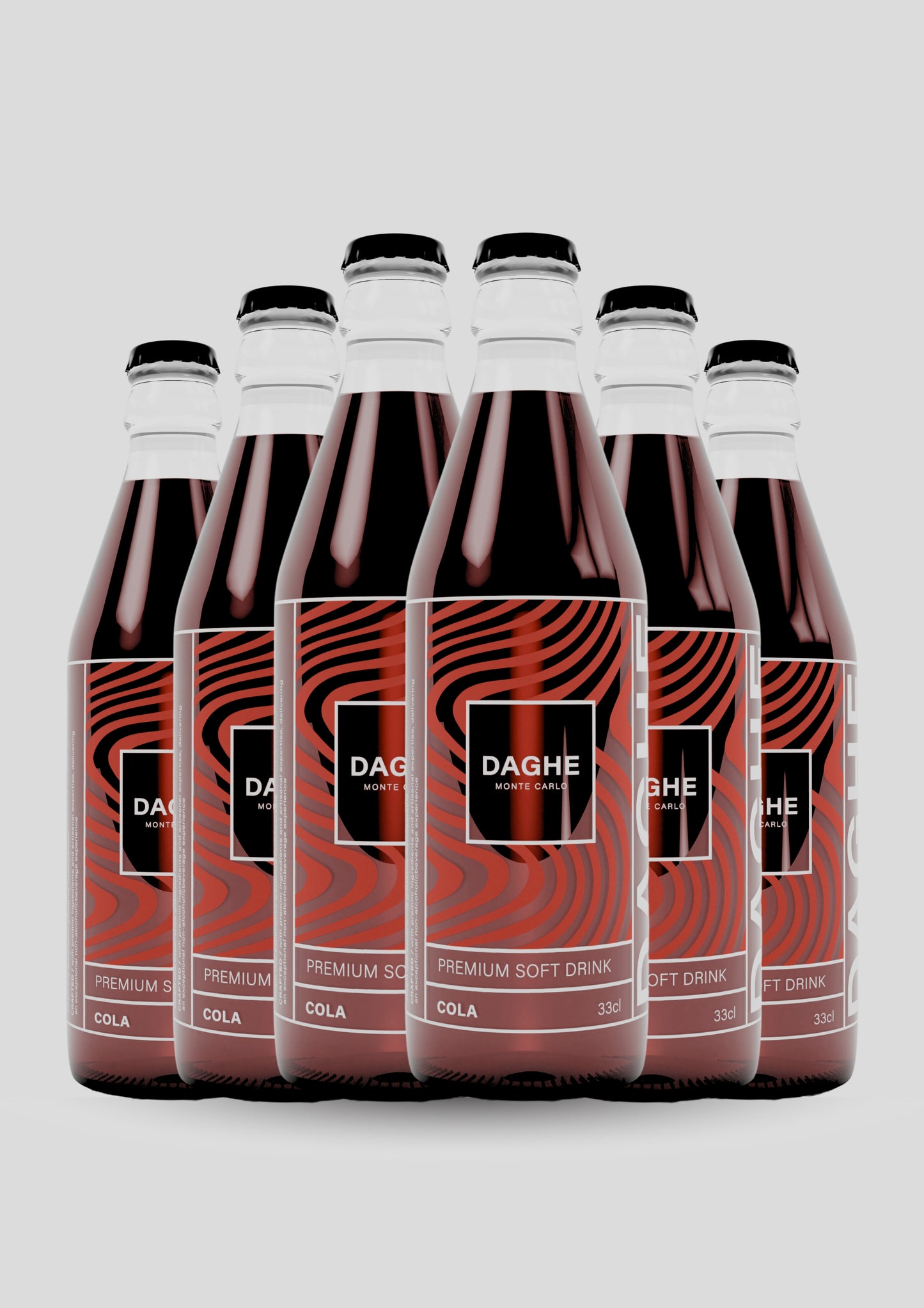 Six bouteilles de Cola DAGHE Monte Carlo alignées, étiquette rouge au design épuré, sur fond neutre. Boisson sans alcool artisanale à base d’ingrédients premium.