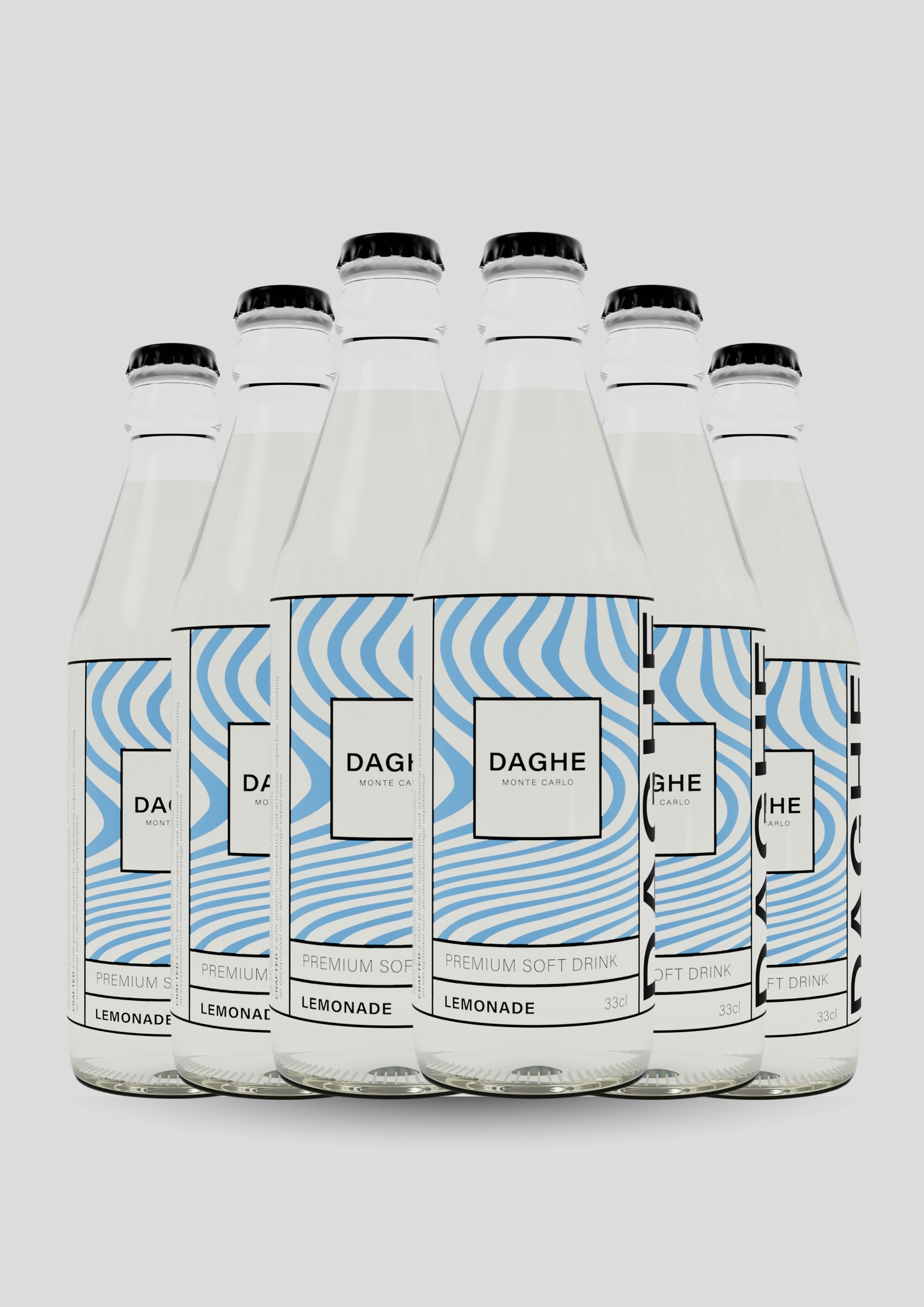 Six bouteilles de Limonade DAGHE Monte Carlo alignées, étiquette bleu au design épuré, sur fond neutre. Boisson sans alcool artisanale à base d’ingrédients premium.