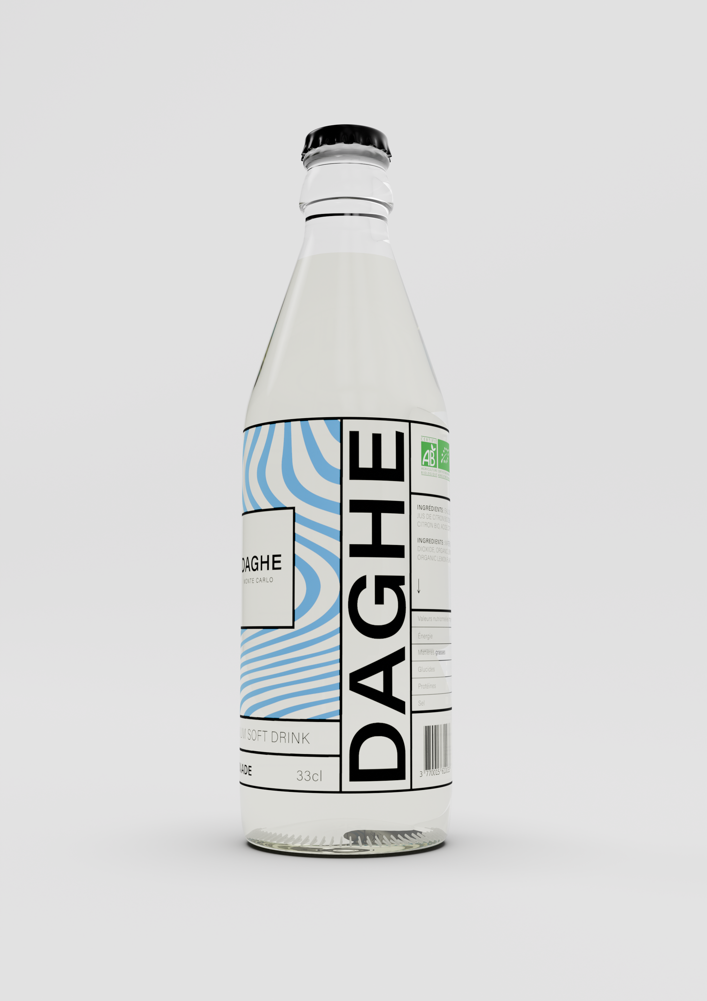 Bouteille de Limonade DAGHE Monte Carlo vue de côté, étiquette bleu visible avec logo DAGHE horizontal, logos de certification bio (label AB et feuille verte), début de la liste des ingrédients et informations nutritionnelles partiellement lisibles.